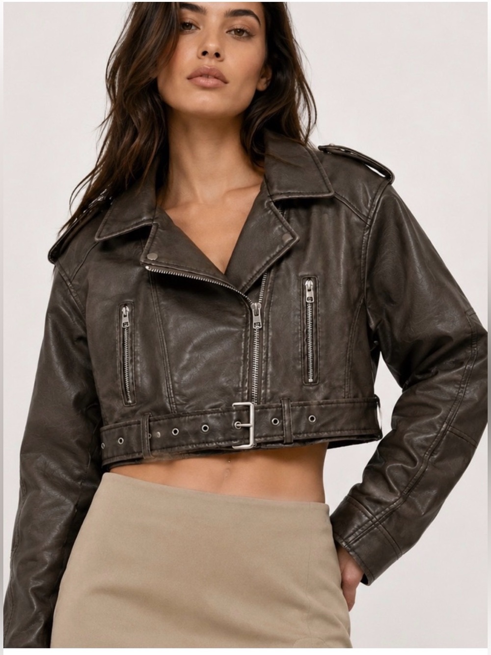 Zara Cropped Leather Moto Jacket in Dark Brown Size XL Belt Western Featival
